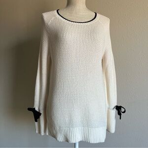 LOFT 100% cotton crewneck Cream Sweater w/ black trim side vents bell sleeves XS